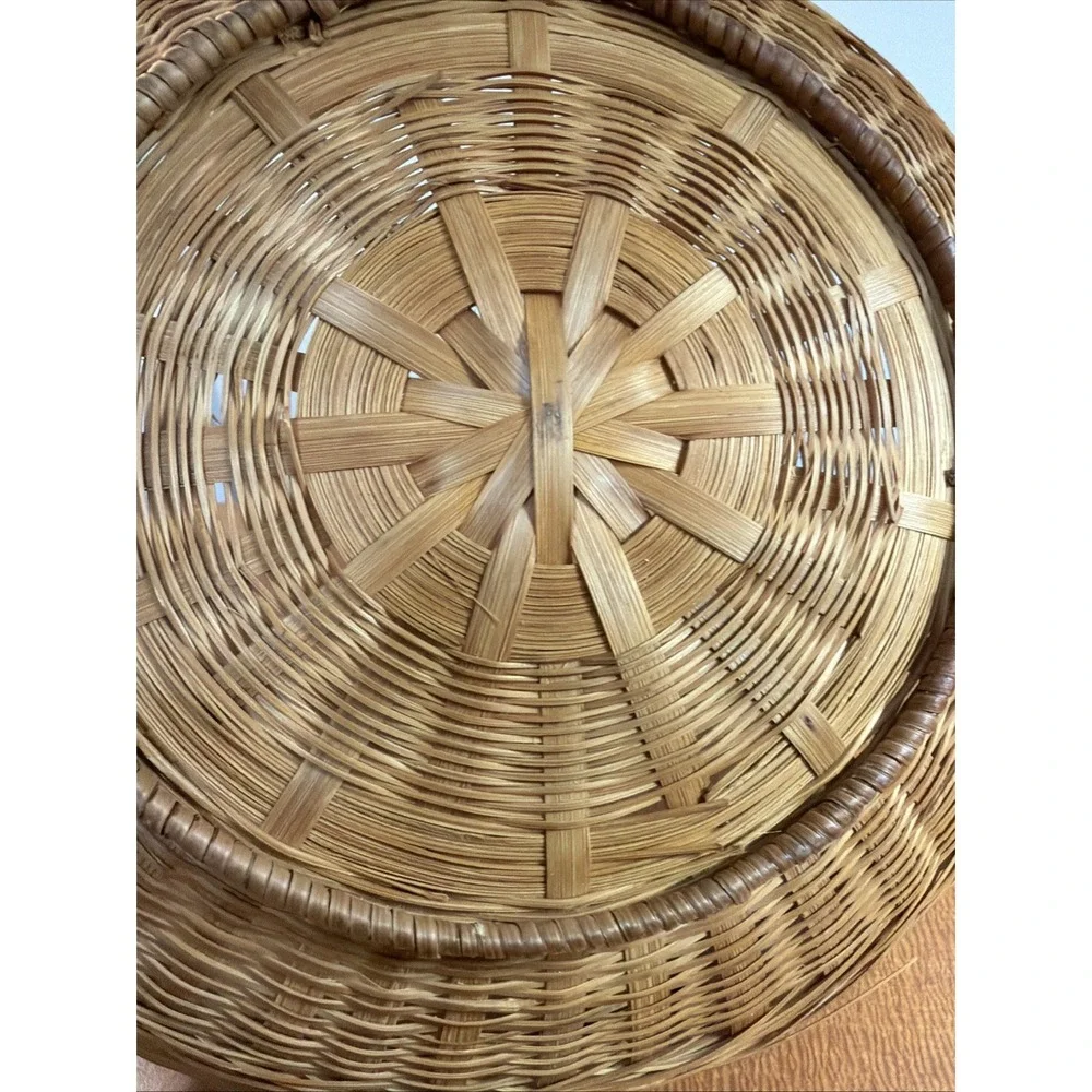 Vintage Round Natural Brown Wood Woven Wicker 2 Handles Basket 12